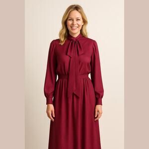 Albert Nipon Vintage Silk Pink Black Polka Dot Bow Tie Midi Shirtdress 2